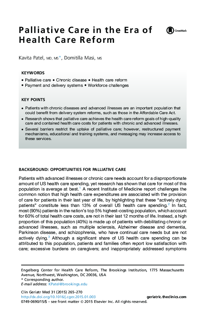 Palliative Care in the Era of Health Care Reform