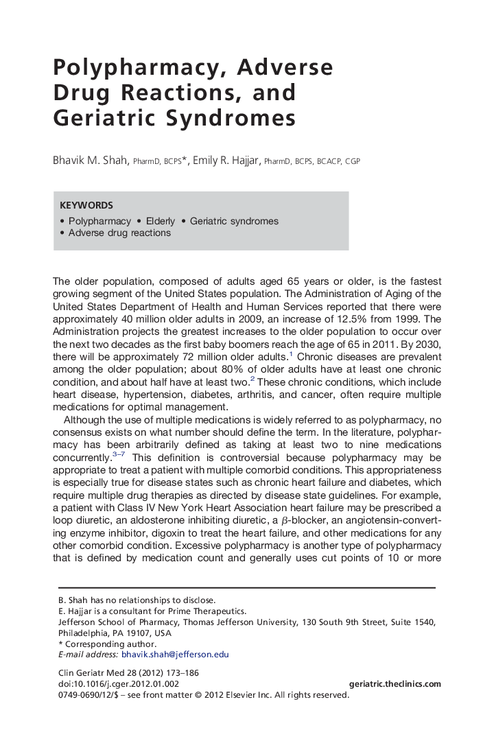 عکس صفحه اول مقاله: Polypharmacy, Adverse Drug Reactions, and Geriatric Syndromes Polypharmacy, Adverse Drug Reactions, and Geriatric Syndromes