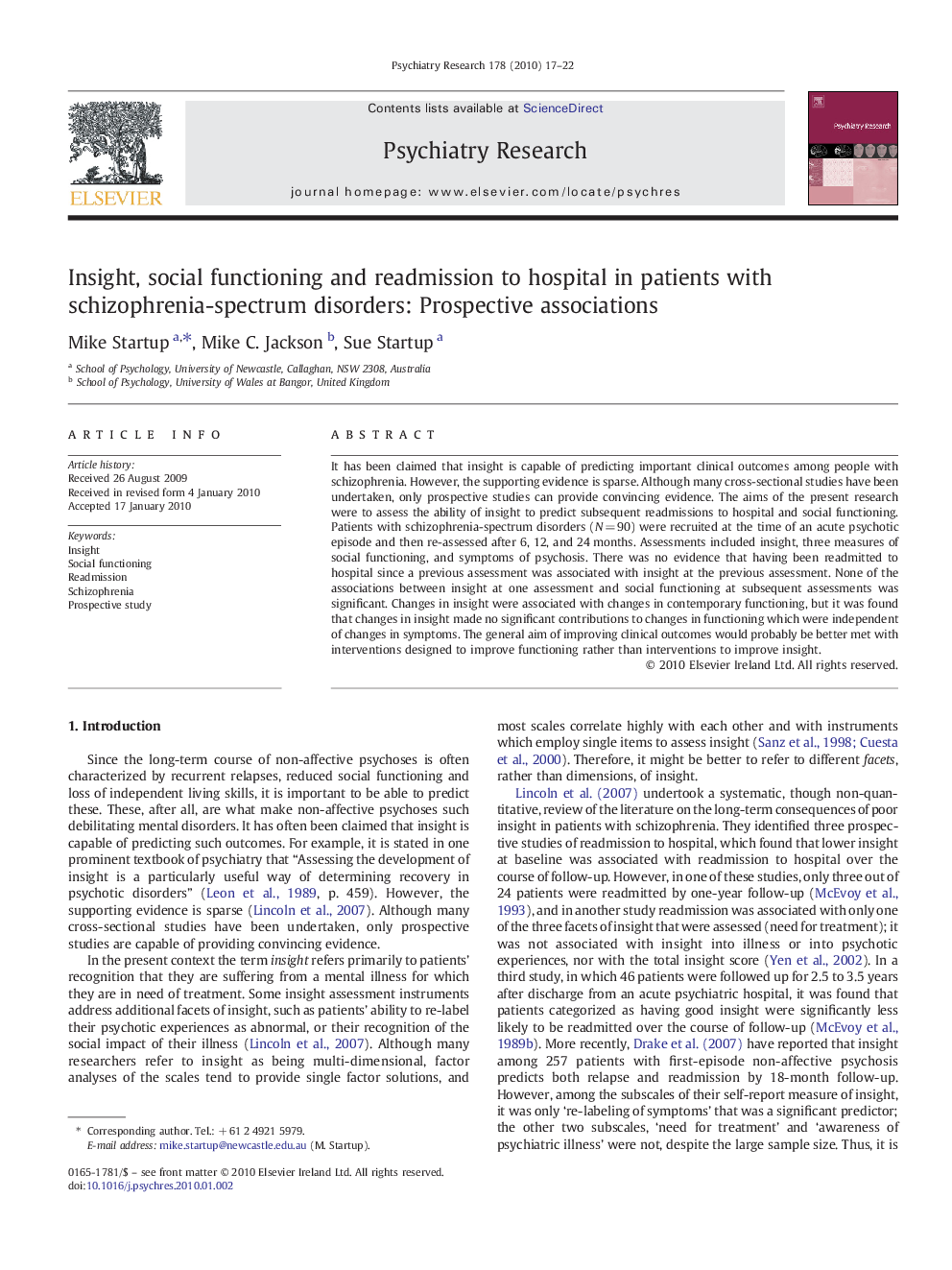 Insight, social functioning and readmission to hospital in patients with schizophrenia-spectrum disorders: Prospective associations