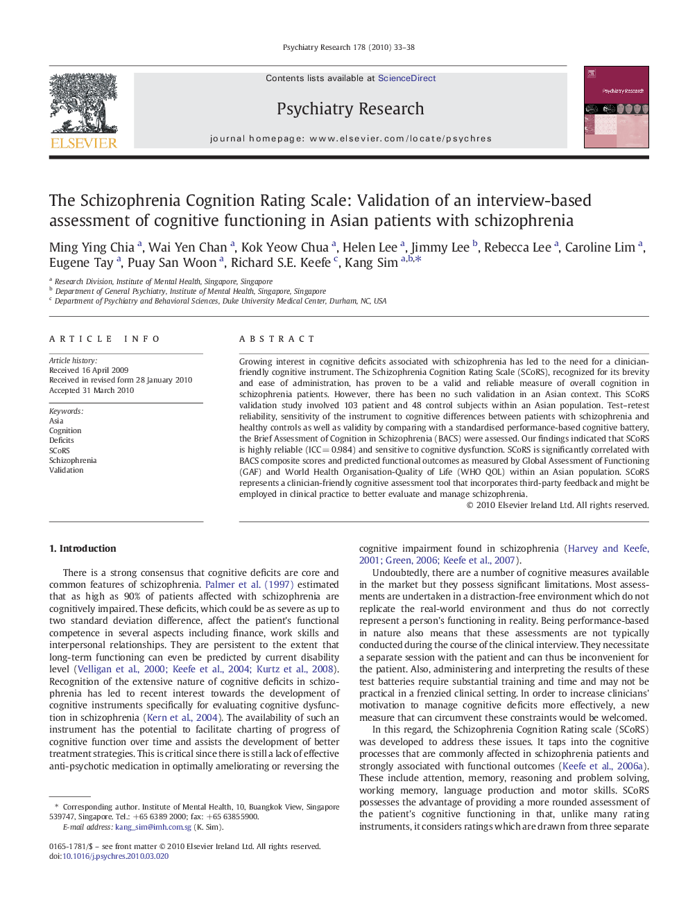 The Schizophrenia Cognition Rating Scale: Validation of an interview-based assessment of cognitive functioning in Asian patients with schizophrenia