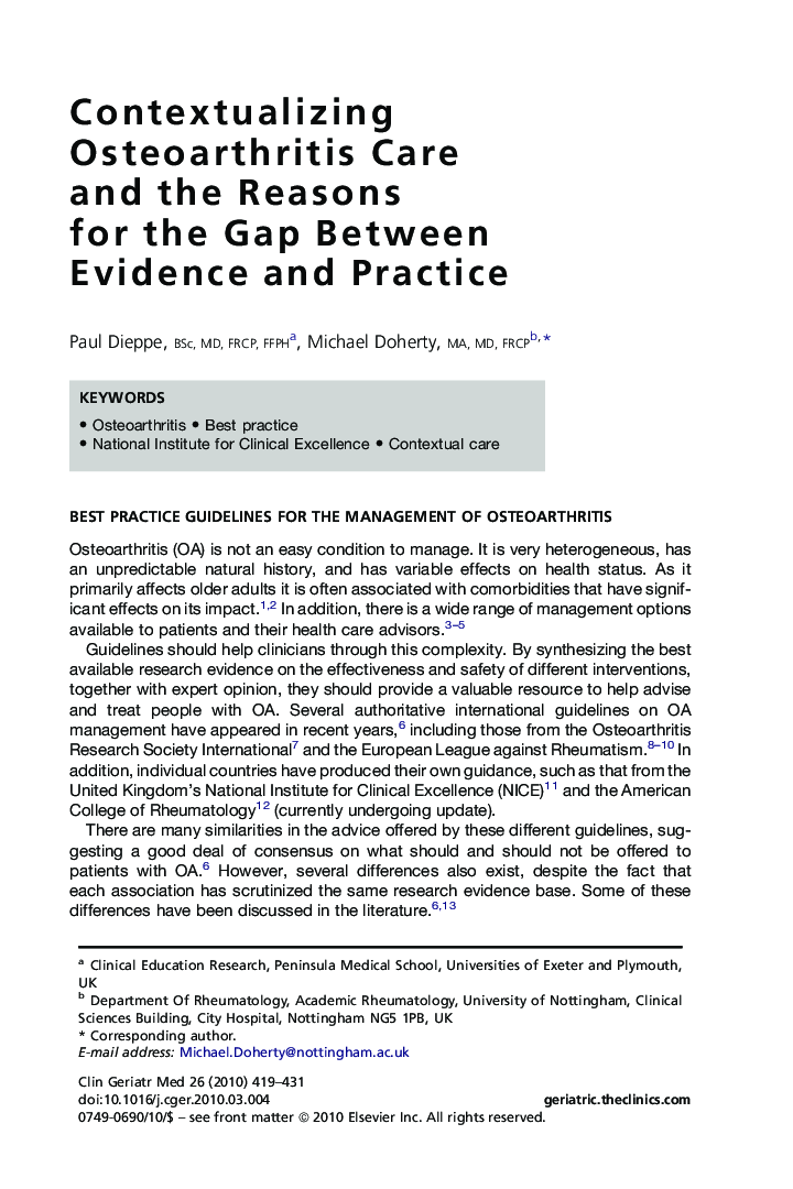 Contextualizing Osteoarthritis Care and the Reasons for the Gap Between Evidence and Practice