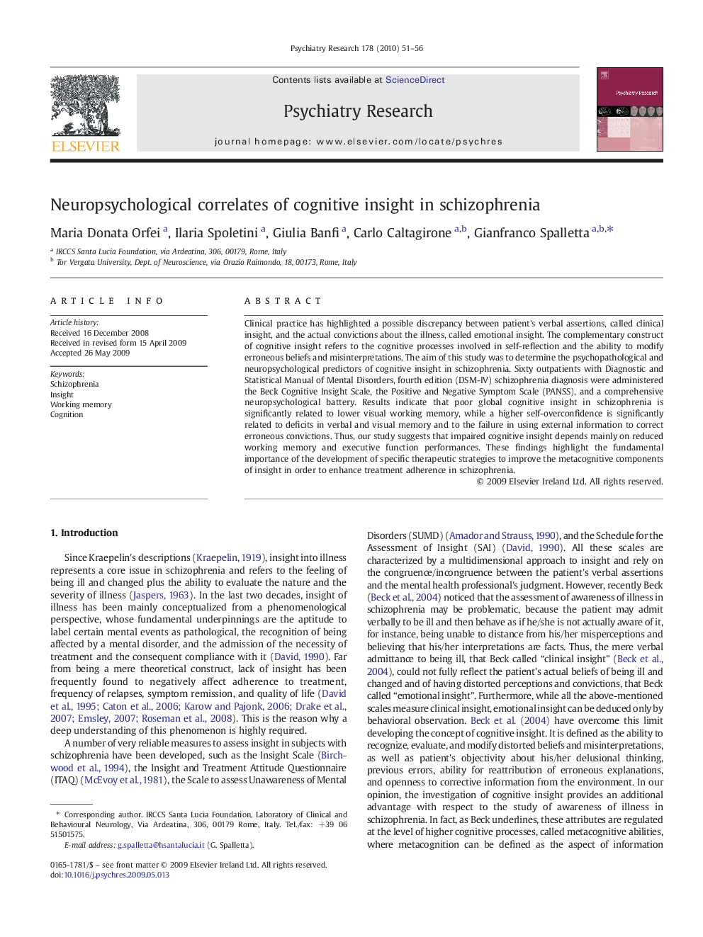 عکس صفحه اول مقاله: Neuropsychological correlates of cognitive insight in schizophrenia Neuropsychological correlates of cognitive insight in schizophrenia