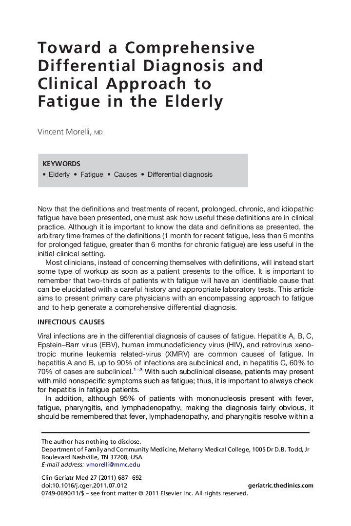 Toward a Comprehensive Differential Diagnosis and Clinical Approach to Fatigue in the Elderly