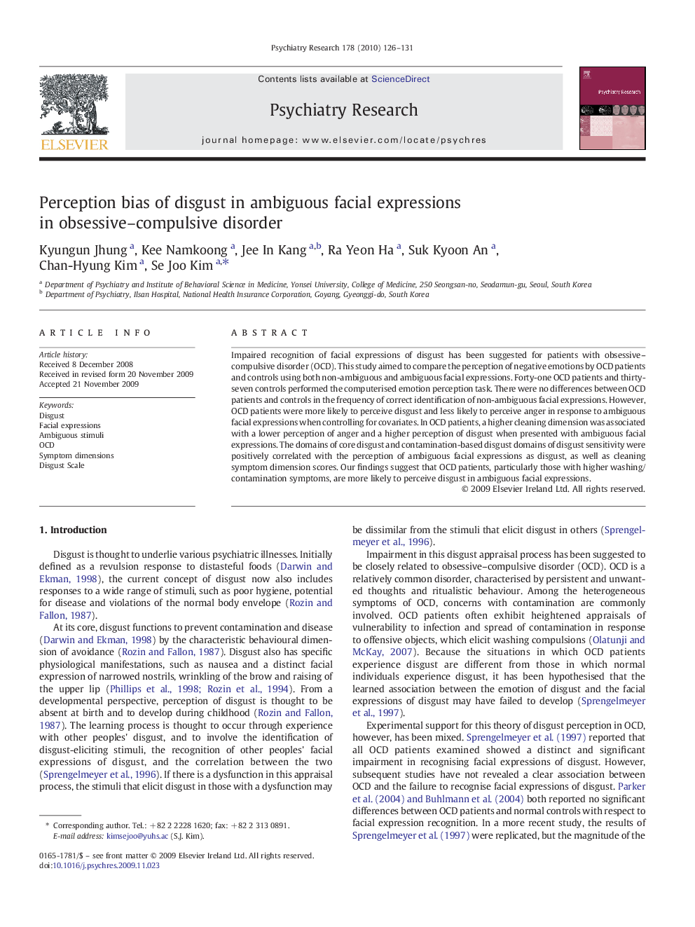 Perception bias of disgust in ambiguous facial expressions in obsessive–compulsive disorder