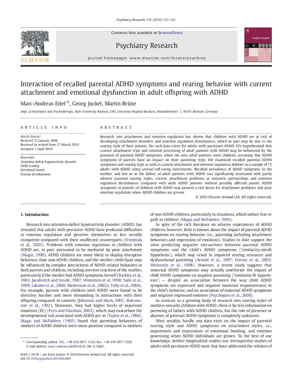 Interaction of recalled parental ADHD symptoms and rearing behavior with current attachment and emotional dysfunction in adult offspring with ADHD