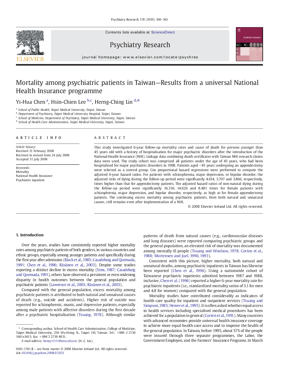 Mortality among psychiatric patients in Taiwan—Results from a universal National Health Insurance programme