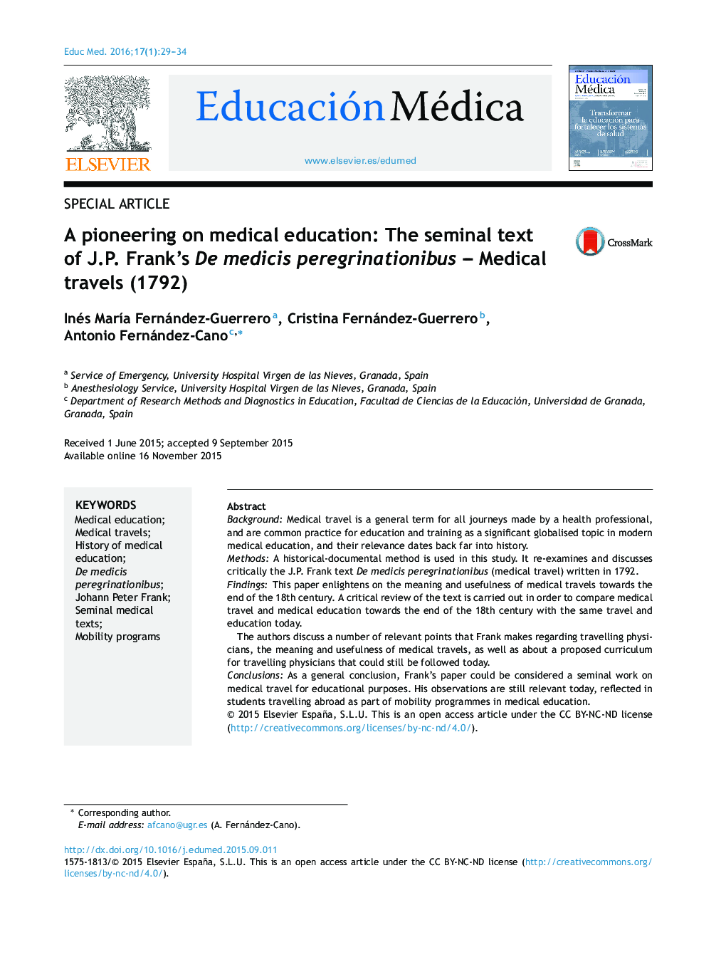 پیشگام در آموزش پزشکی: متن اصلی از د جی پی فرانک medicis peregrinationibus - سفرهای پزشکی (1792)