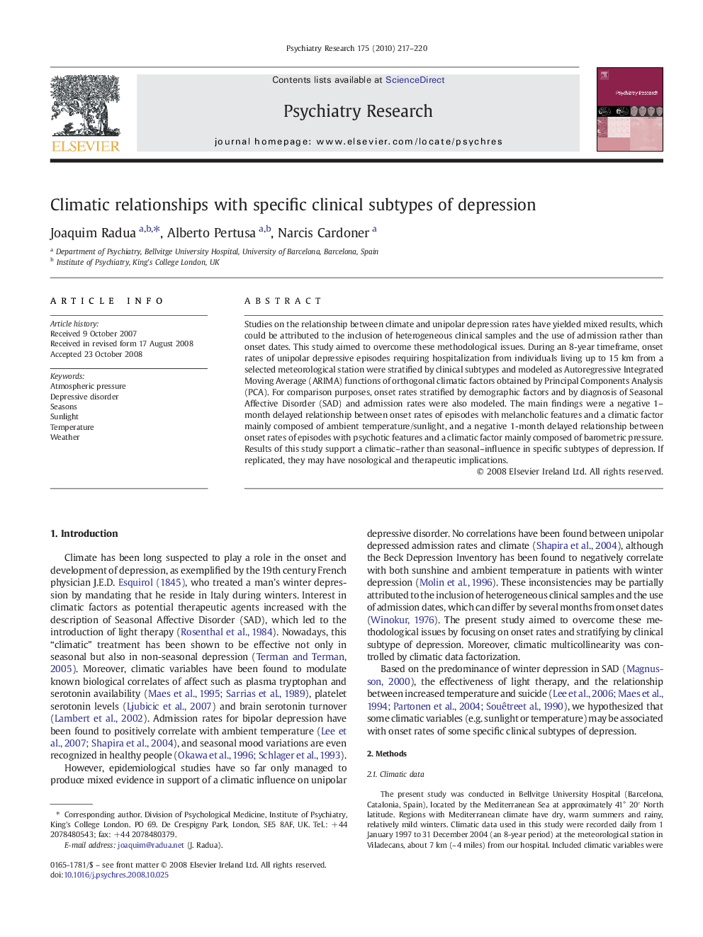 Climatic relationships with specific clinical subtypes of depression