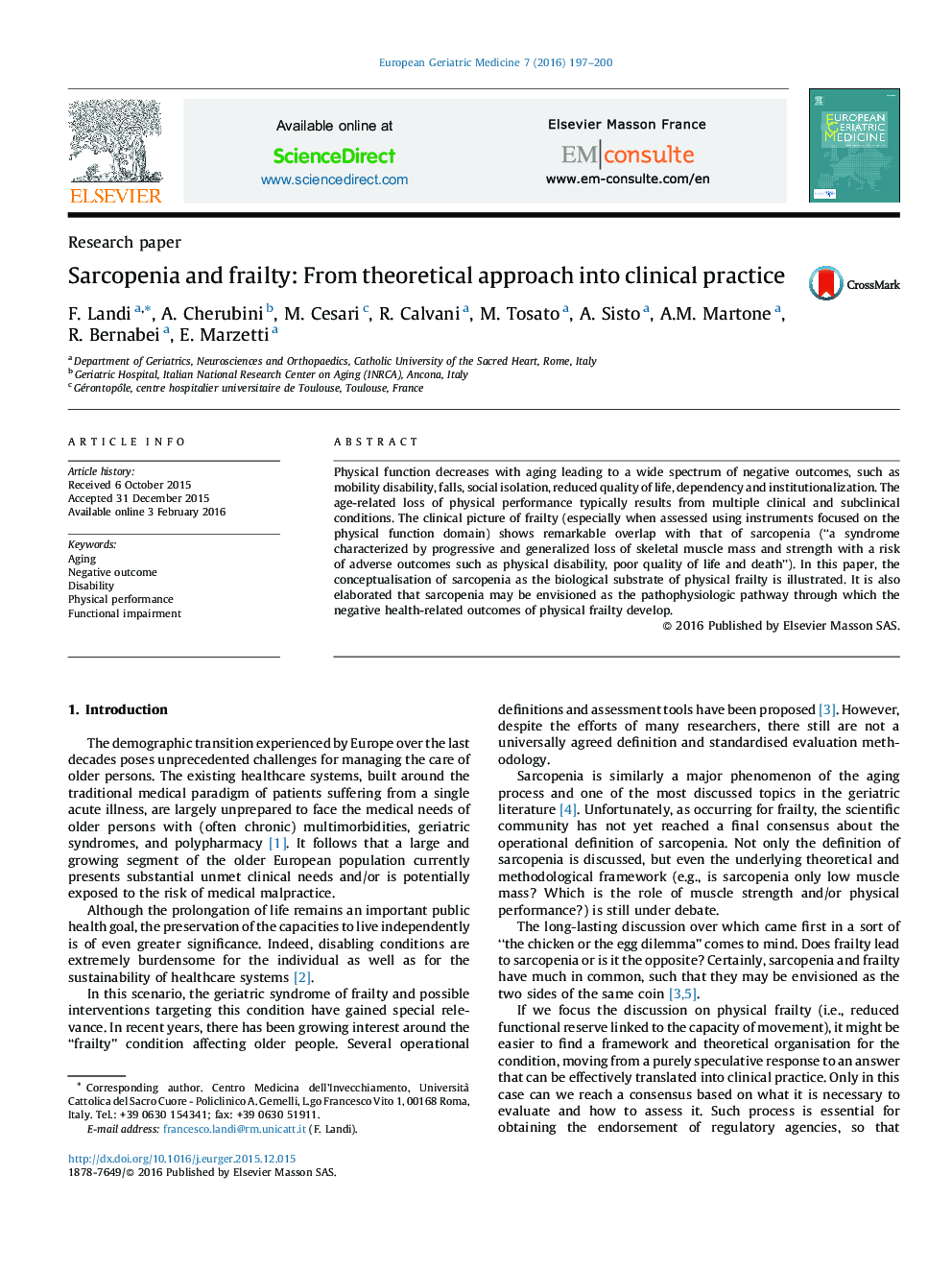 Sarcopenia and frailty: From theoretical approach into clinical practice