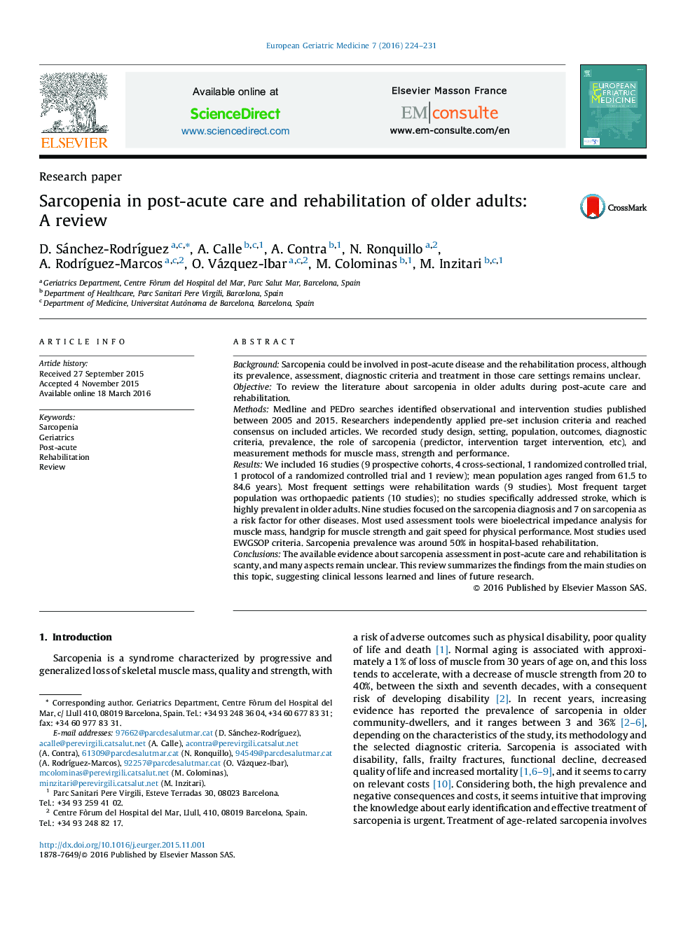 Sarcopenia in post-acute care and rehabilitation of older adults: A review