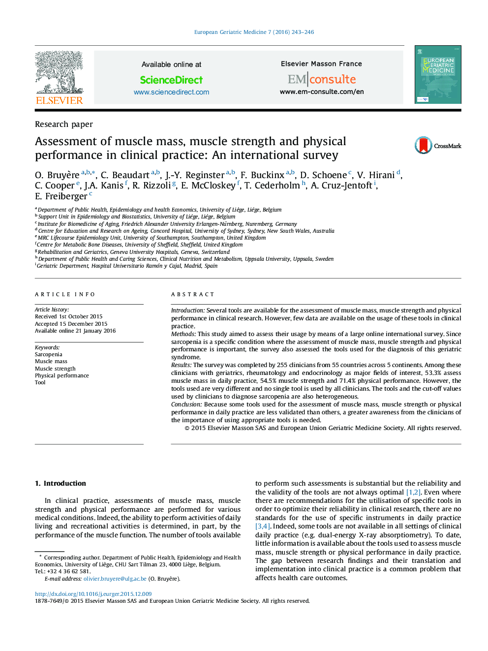 Assessment of muscle mass, muscle strength and physical performance in clinical practice: An international survey