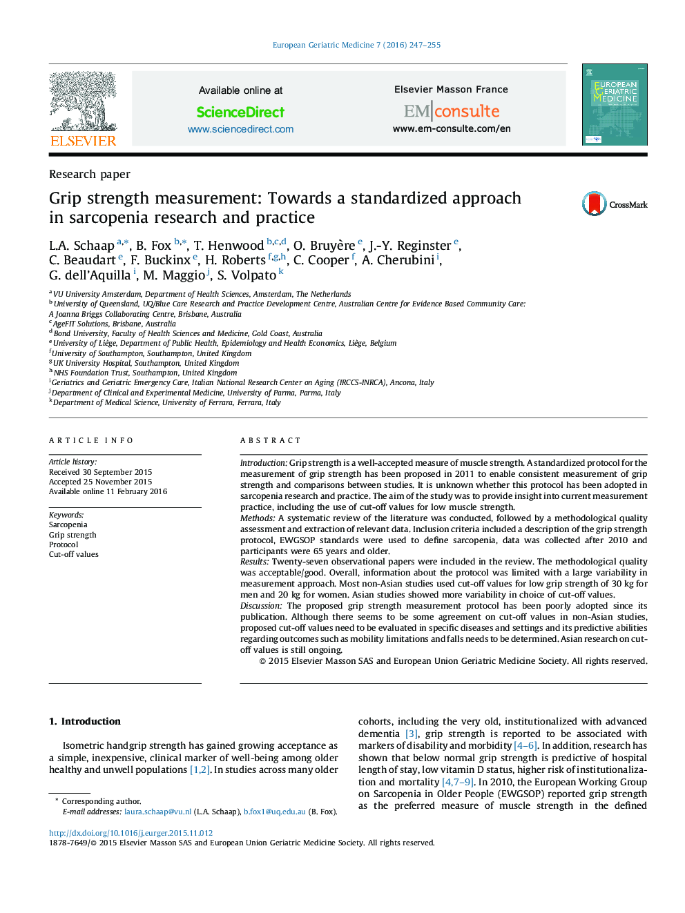 Grip strength measurement: Towards a standardized approach in sarcopenia research and practice