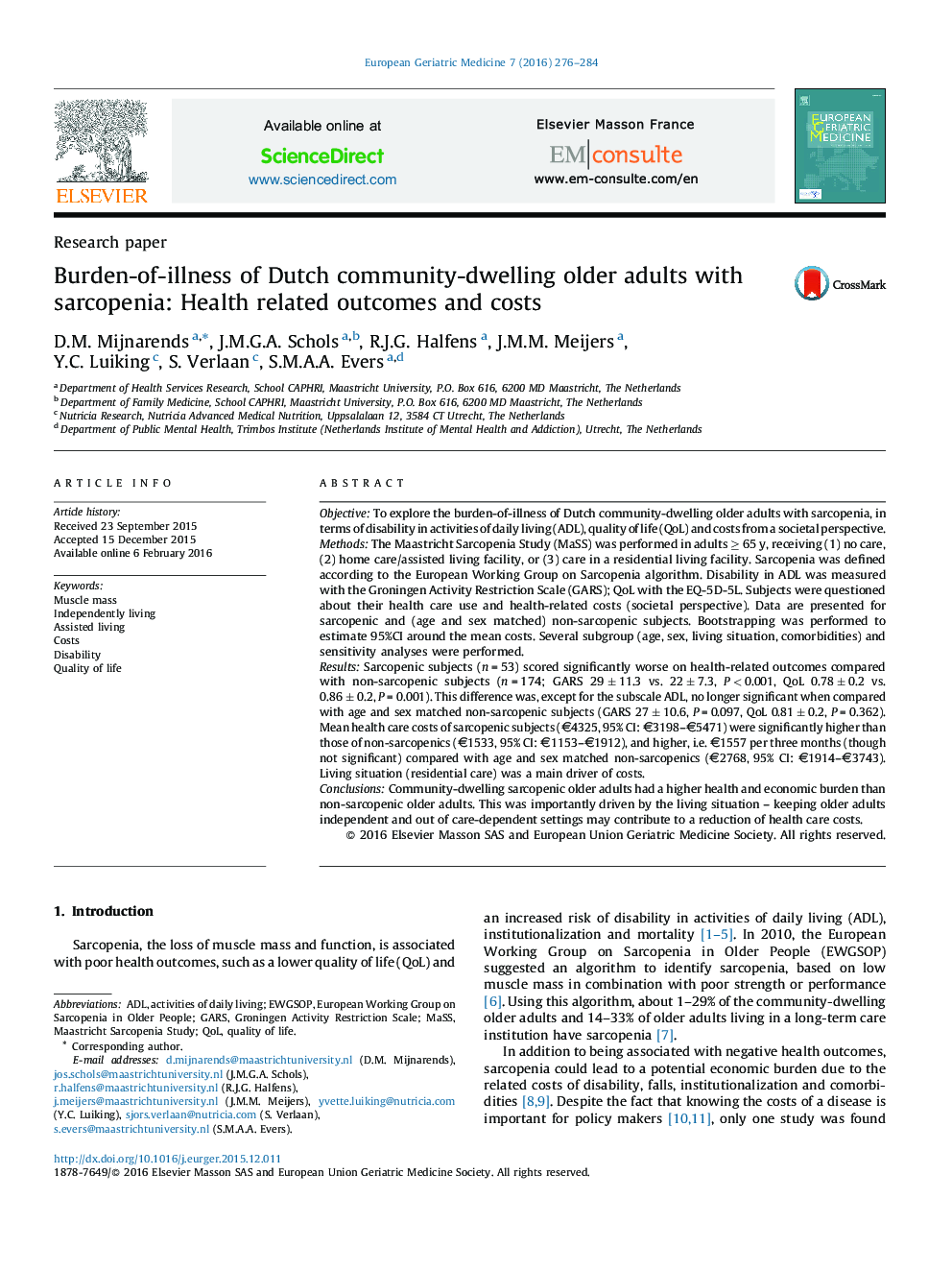 Burden-of-illness of Dutch community-dwelling older adults with sarcopenia: Health related outcomes and costs