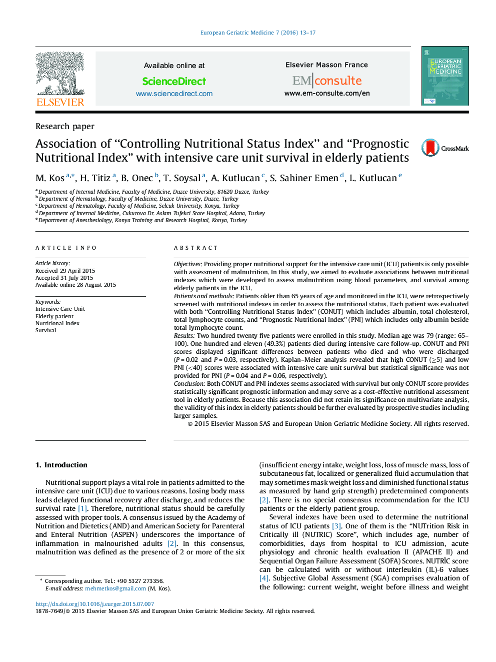 Association of “Controlling Nutritional Status Index” and “Prognostic Nutritional Index” with intensive care unit survival in elderly patients