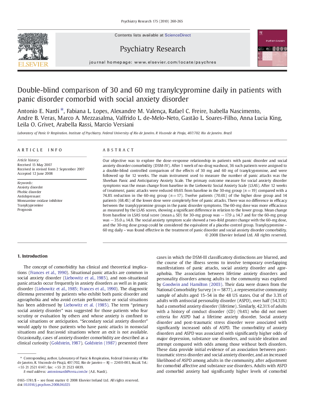 Double-blind comparison of 30 and 60 mg tranylcypromine daily in patients with panic disorder comorbid with social anxiety disorder