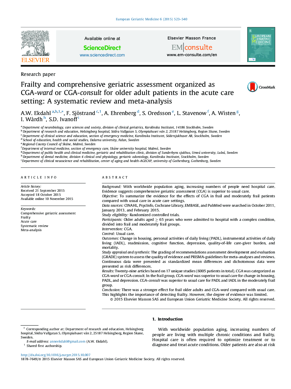 Frailty and comprehensive geriatric assessment organized as CGA-ward or CGA-consult for older adult patients in the acute care setting: A systematic review and meta-analysis