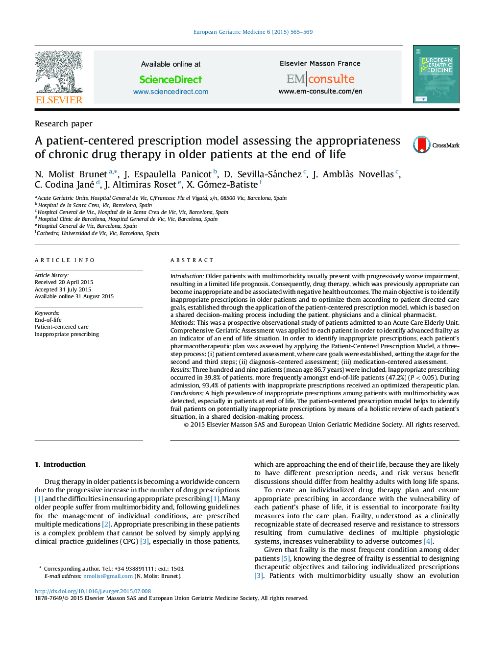 A patient-centered prescription model assessing the appropriateness of chronic drug therapy in older patients at the end of life