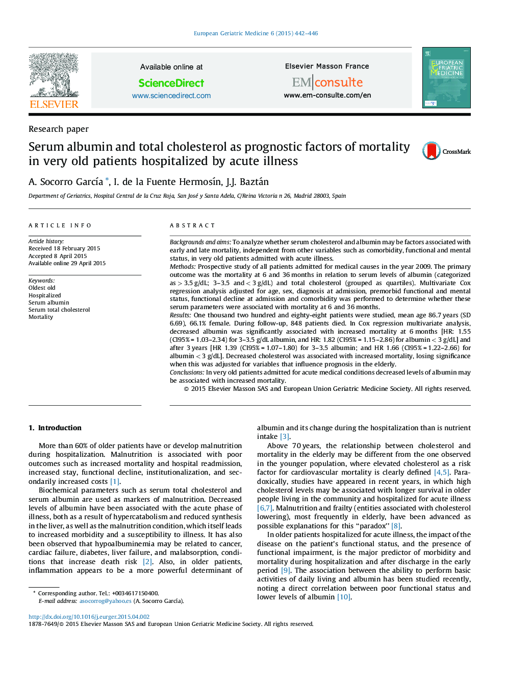 Serum albumin and total cholesterol as prognostic factors of mortality in very old patients hospitalized by acute illness