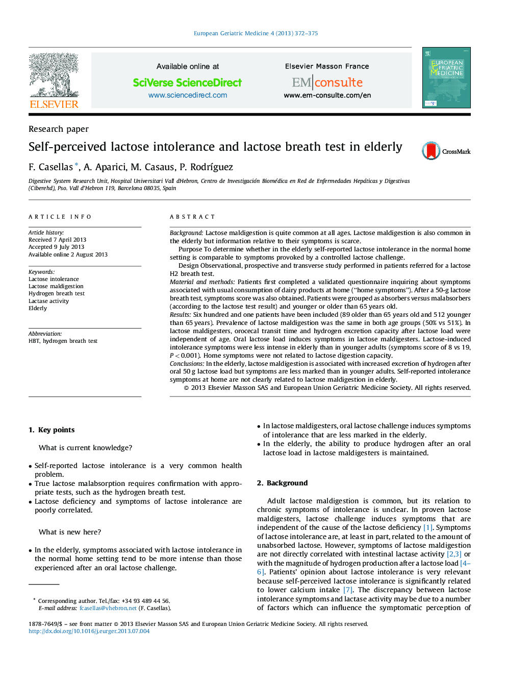 Self-perceived lactose intolerance and lactose breath test in elderly