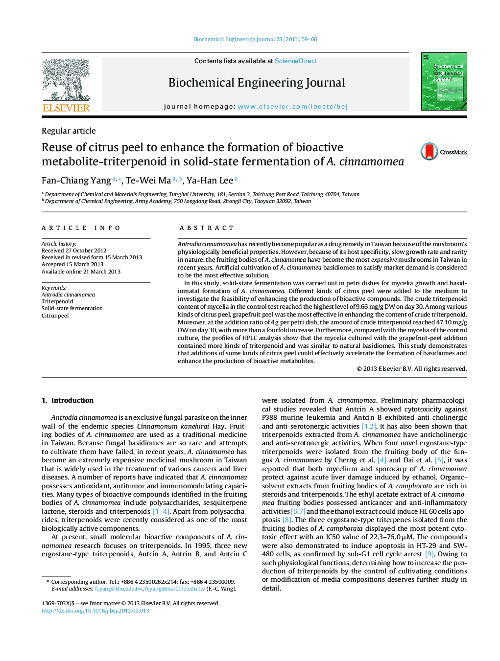 Reuse of citrus peel to enhance the formation of bioactive metabolite-triterpenoid in solid-state fermentation of A. cinnamomea