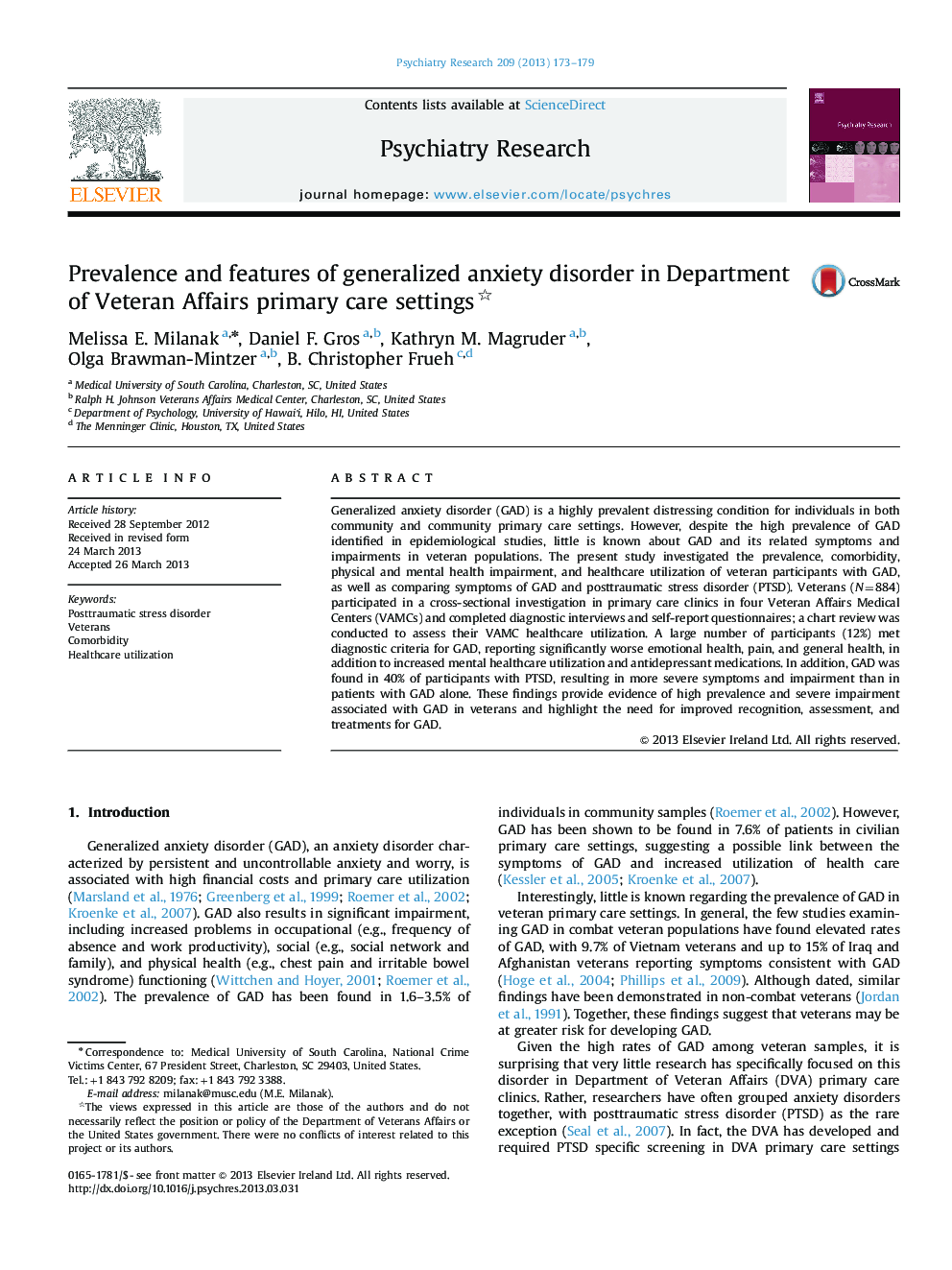 Prevalence and features of generalized anxiety disorder in Department of Veteran Affairs primary care settings 