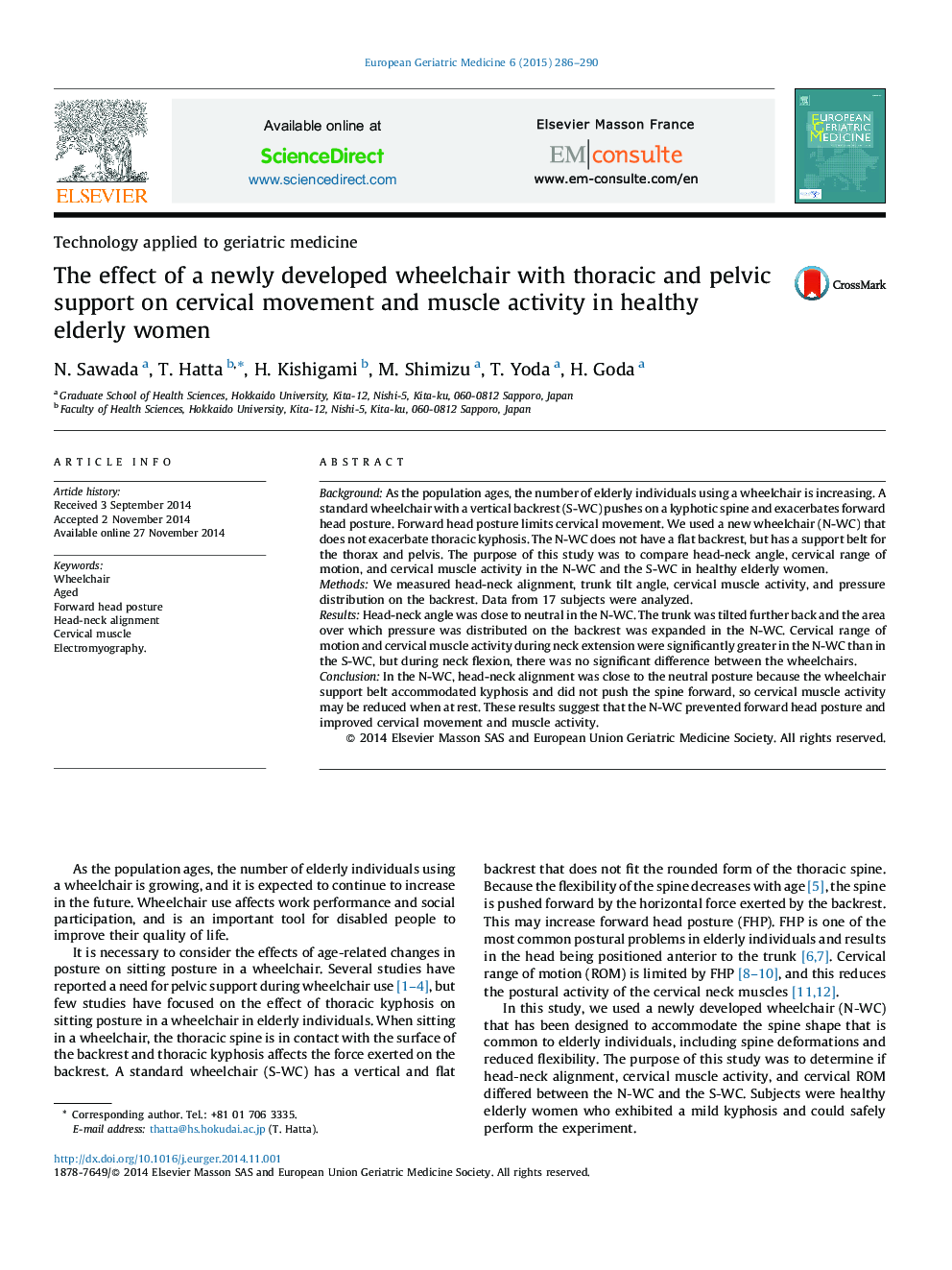 The effect of a newly developed wheelchair with thoracic and pelvic support on cervical movement and muscle activity in healthy elderly women