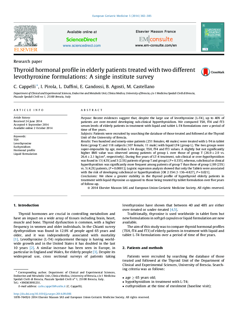 Thyroid hormonal profile in elderly patients treated with two different levothyroxine formulations: A single institute survey