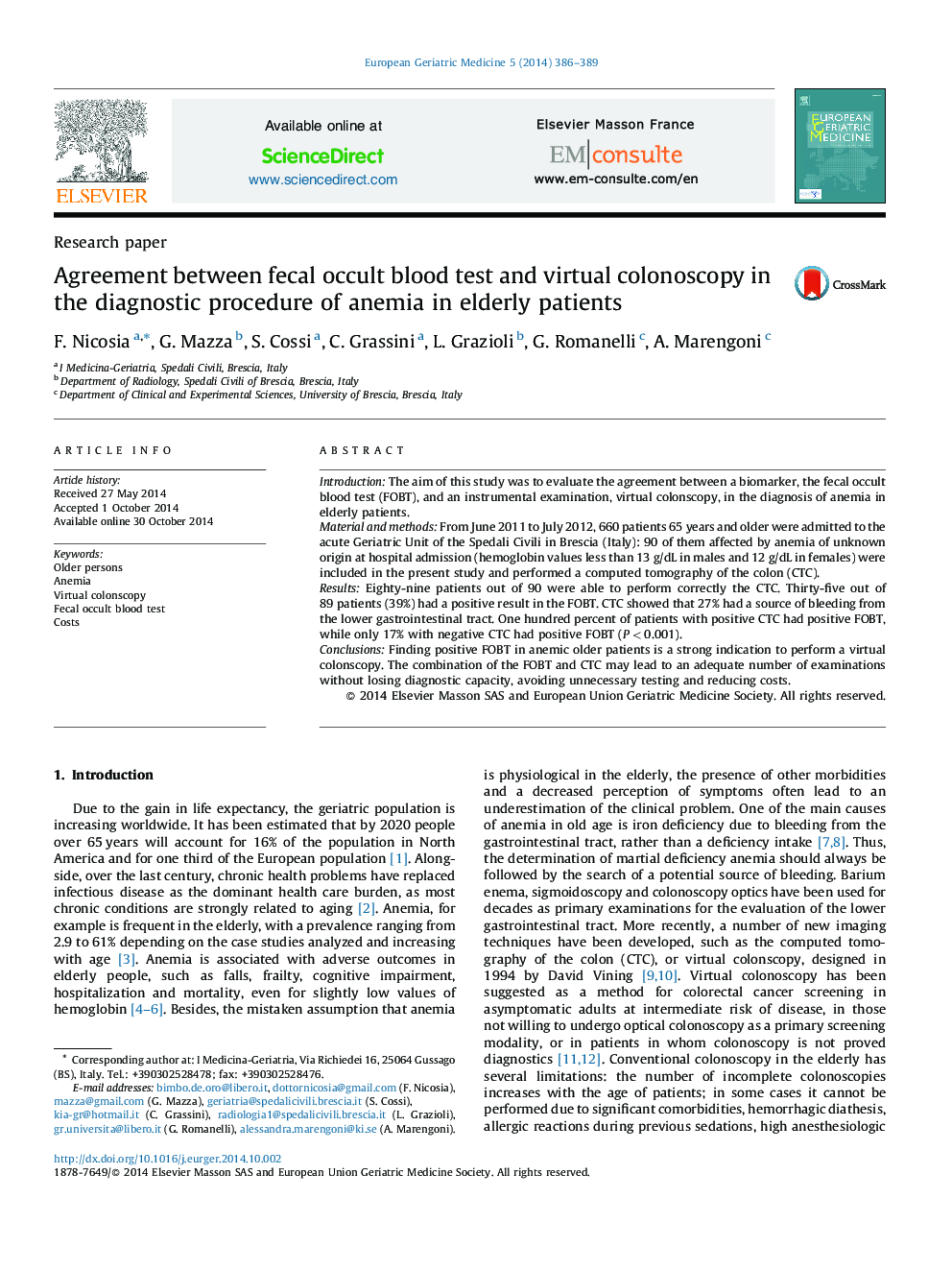 Agreement between fecal occult blood test and virtual colonoscopy in the diagnostic procedure of anemia in elderly patients