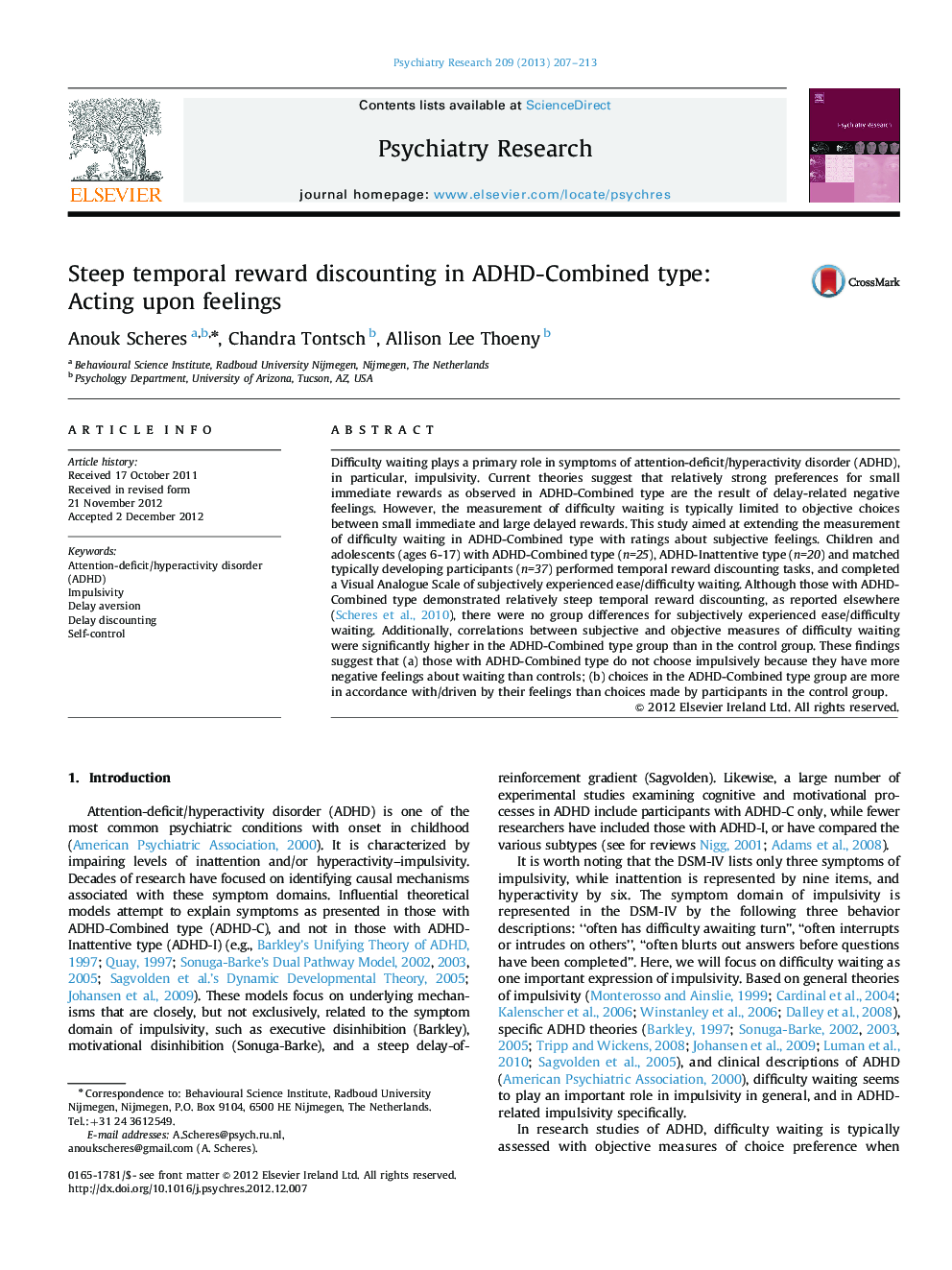 Steep temporal reward discounting in ADHD-Combined type: Acting upon feelings