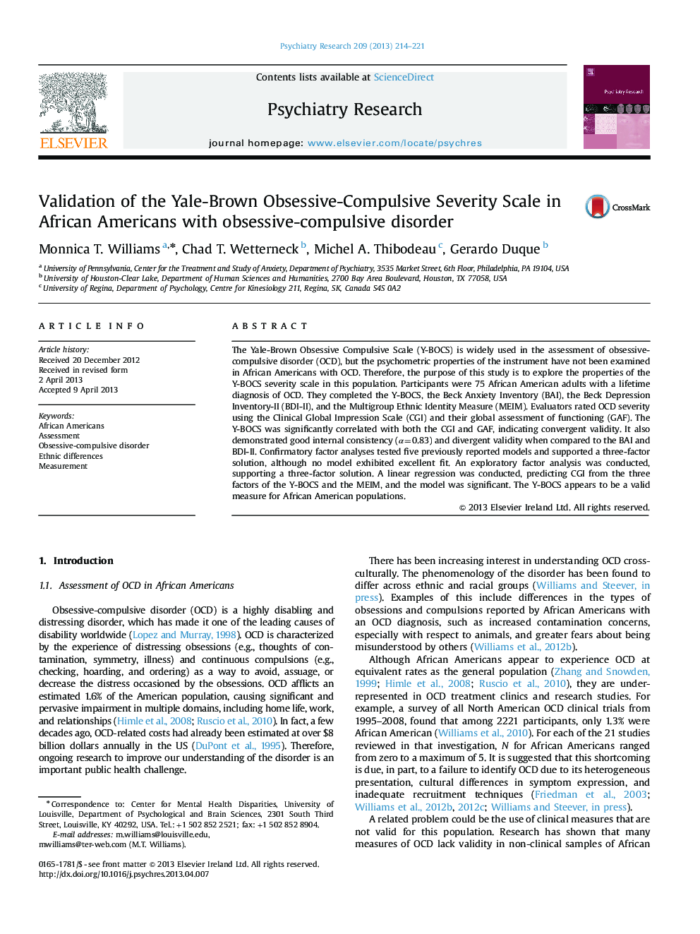 Validation of the Yale-Brown Obsessive-Compulsive Severity Scale in African Americans with obsessive-compulsive disorder