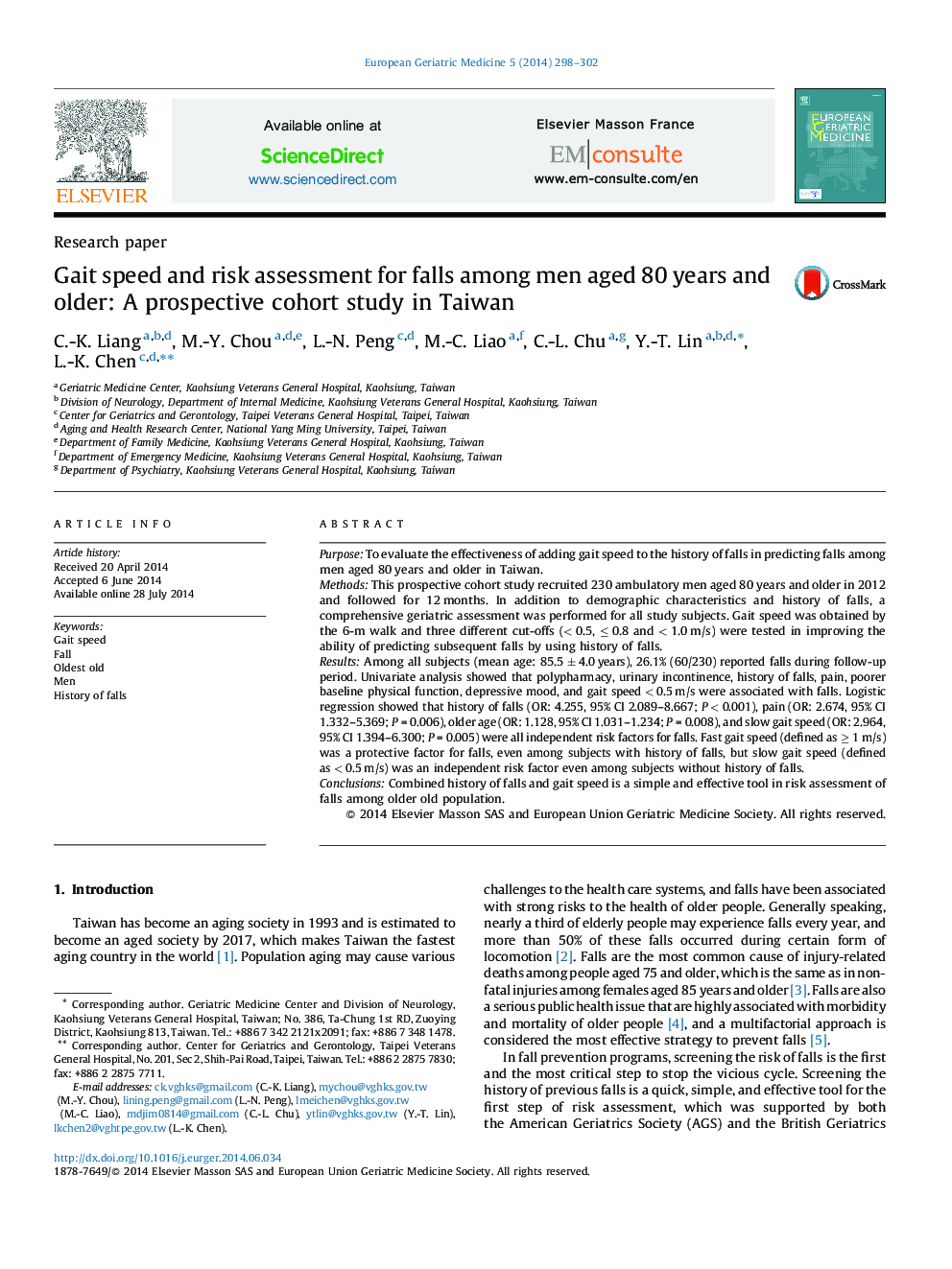 Gait speed and risk assessment for falls among men aged 80 years and older: A prospective cohort study in Taiwan