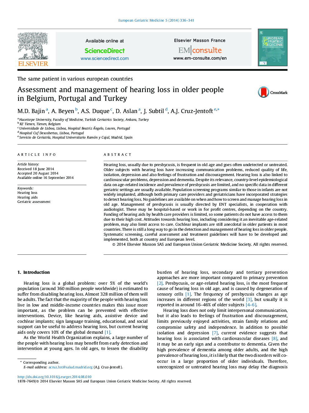 Assessment and management of hearing loss in older people in Belgium, Portugal and Turkey