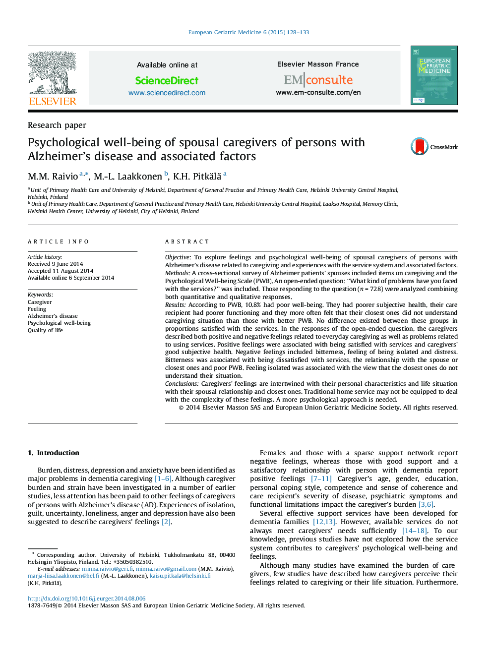 Psychological well-being of spousal caregivers of persons with Alzheimer's disease and associated factors