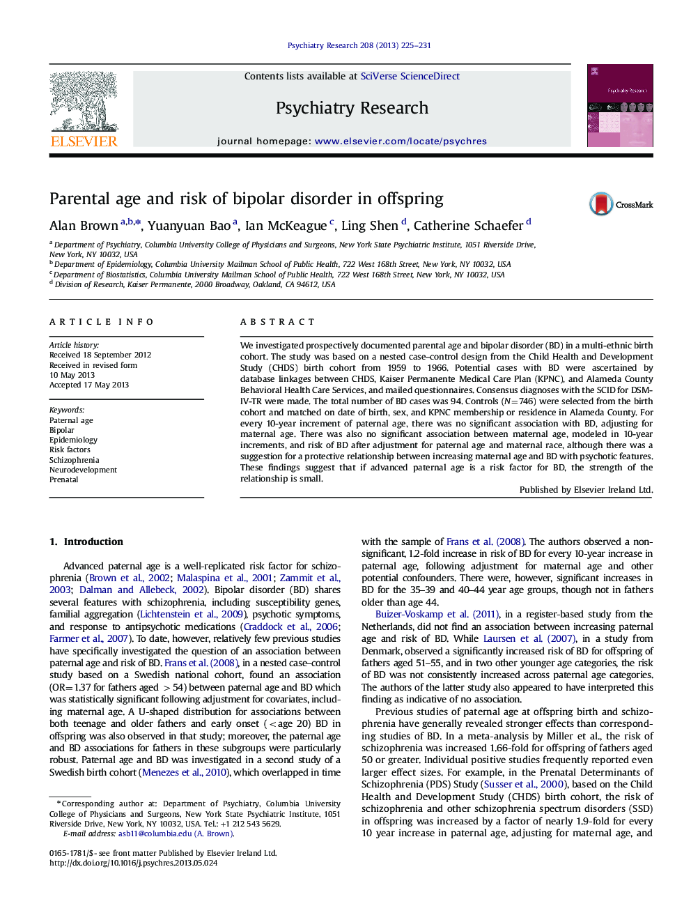 Parental age and risk of bipolar disorder in offspring