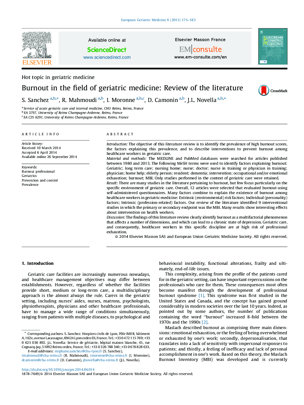 Burnout in the field of geriatric medicine: Review of the literature