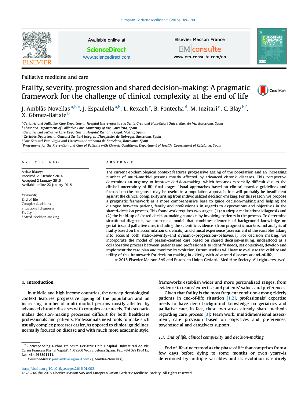 Frailty, severity, progression and shared decision-making: A pragmatic framework for the challenge of clinical complexity at the end of life