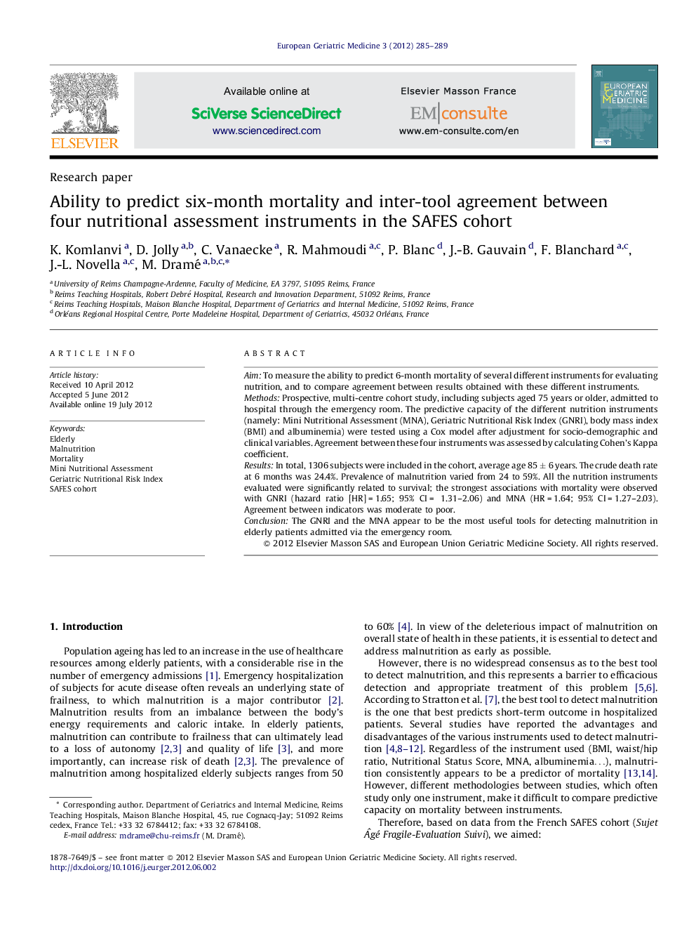 Ability to predict six-month mortality and inter-tool agreement between four nutritional assessment instruments in the SAFES cohort