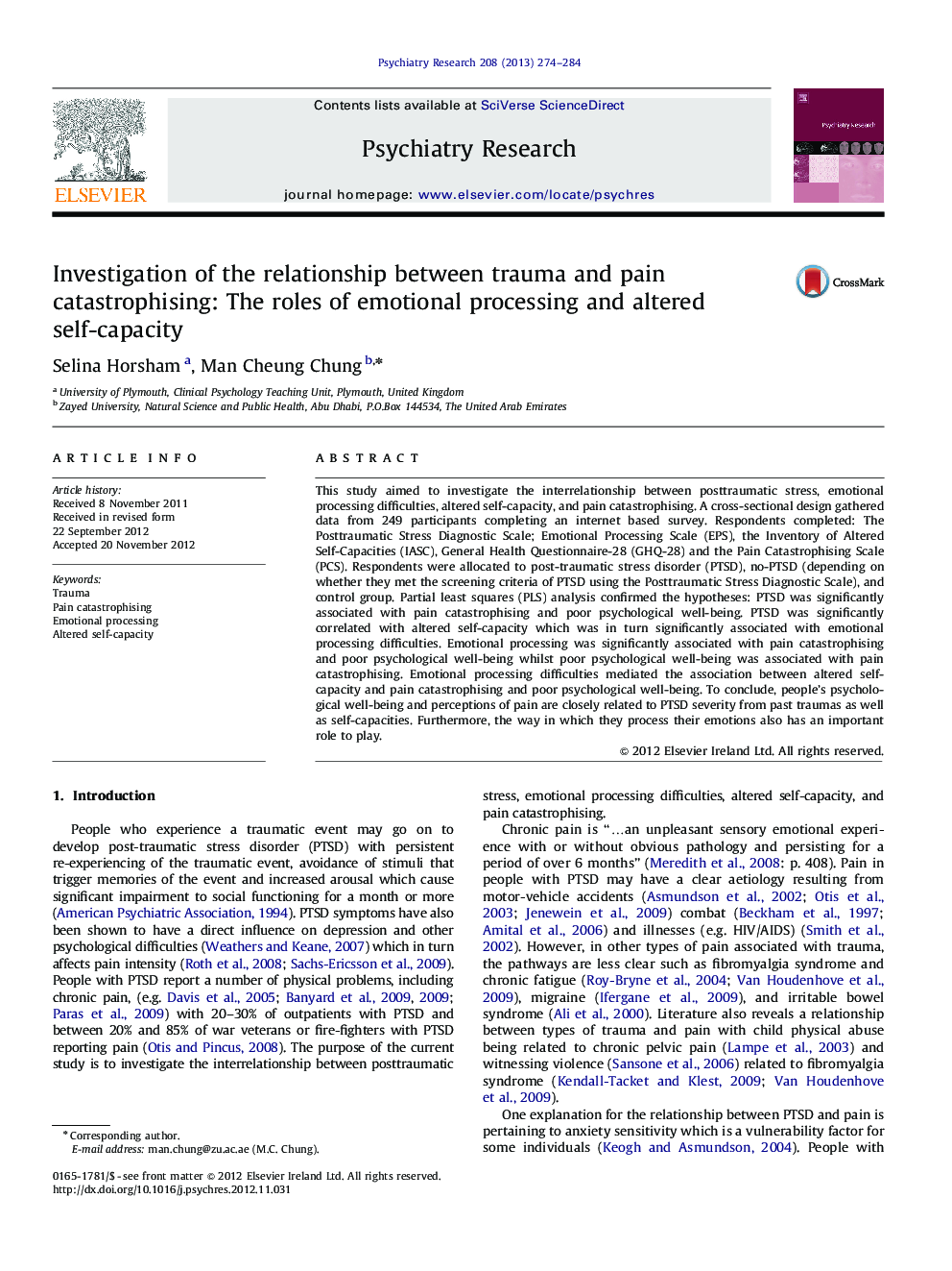 Investigation of the relationship between trauma and pain catastrophising: The roles of emotional processing and altered self-capacity