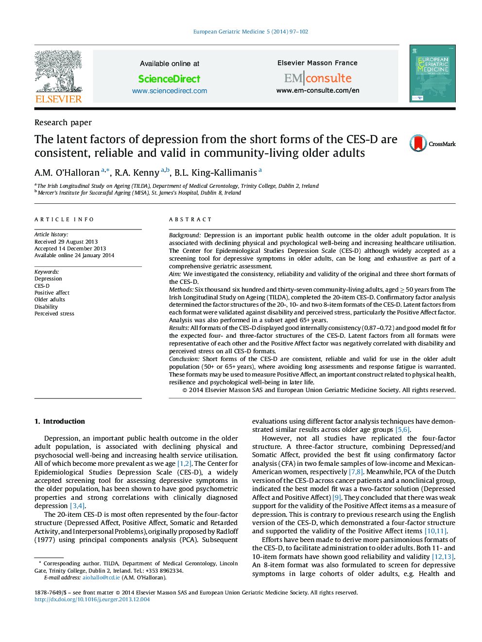 The latent factors of depression from the short forms of the CES-D are consistent, reliable and valid in community-living older adults
