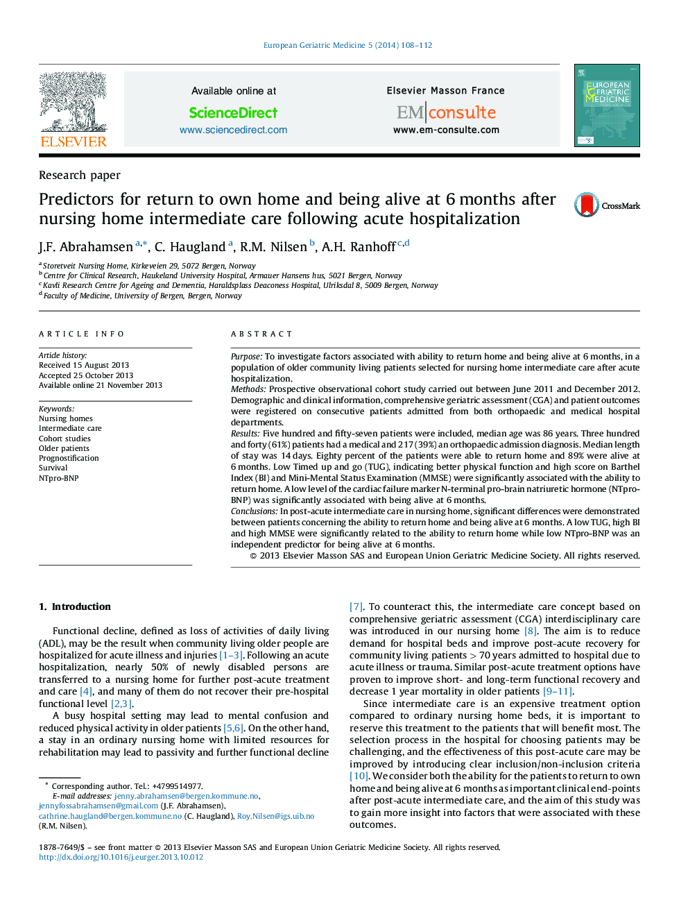 Predictors for return to own home and being alive at 6 months after nursing home intermediate care following acute hospitalization