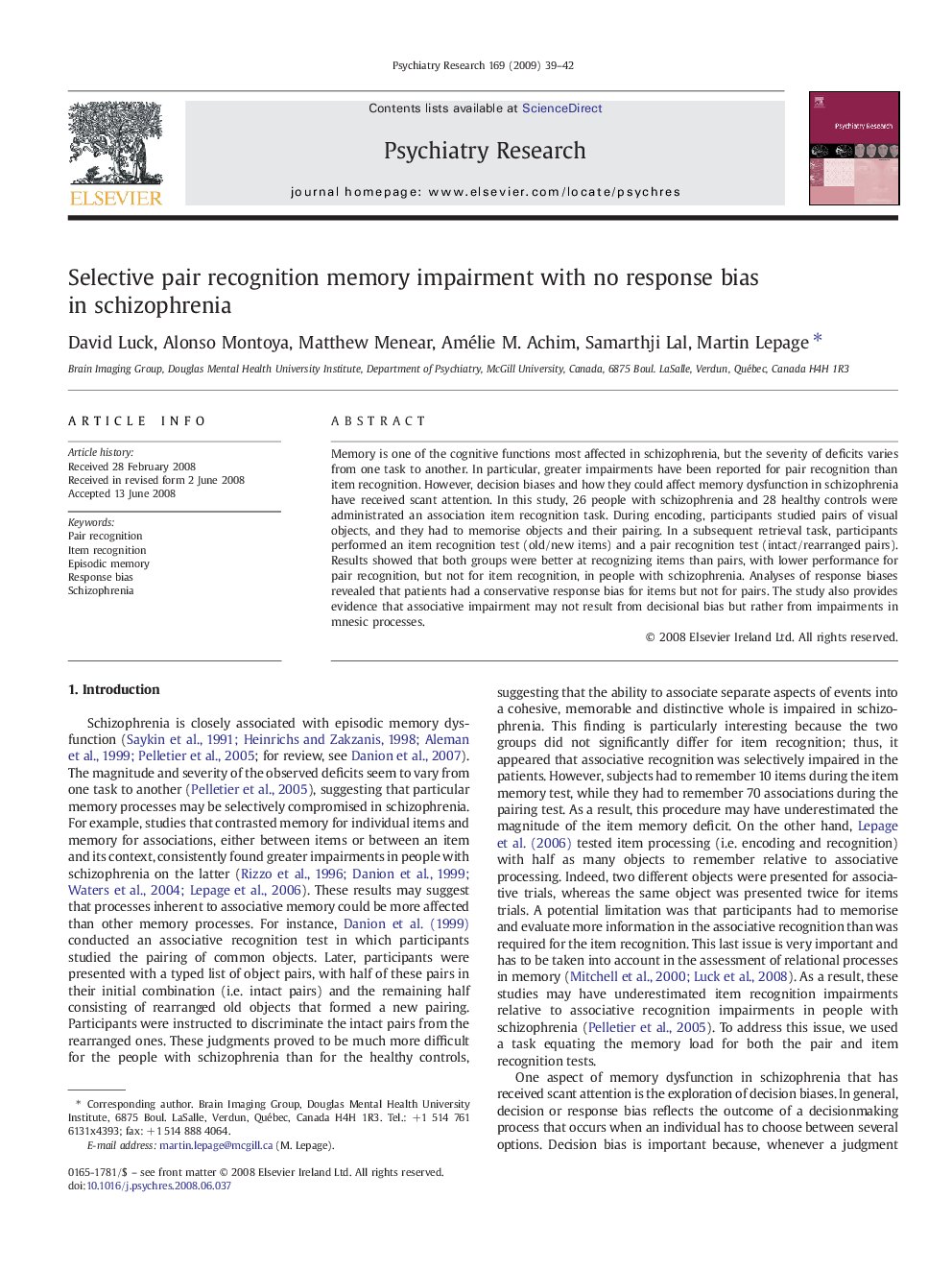 Selective pair recognition memory impairment with no response bias in schizophrenia