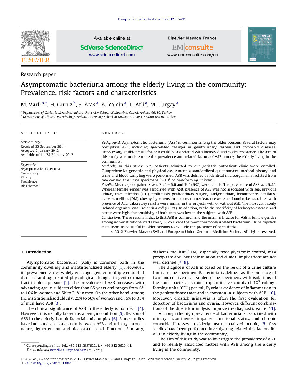 Asymptomatic bacteriuria among the elderly living in the community: Prevalence, risk factors and characteristics