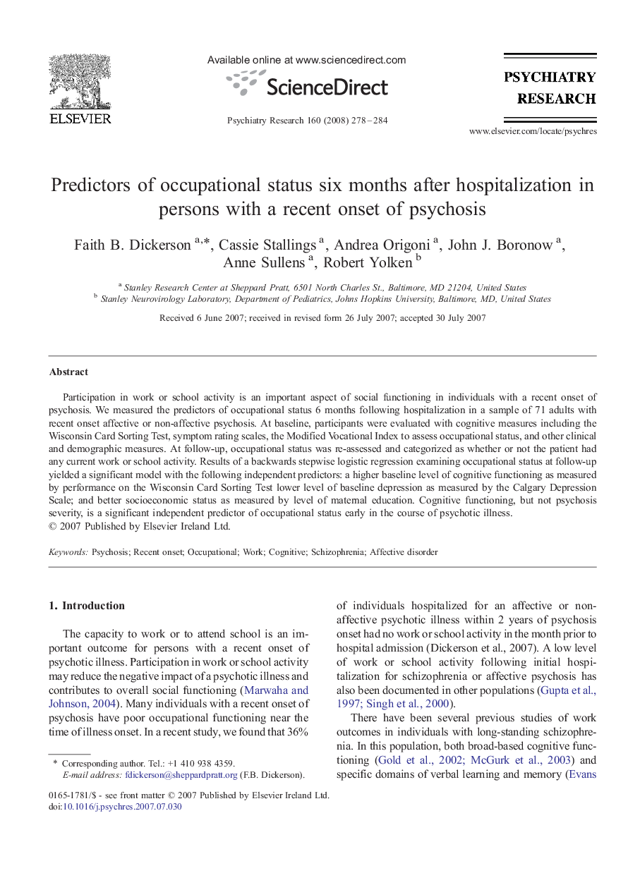 Predictors of occupational status six months after hospitalization in persons with a recent onset of psychosis