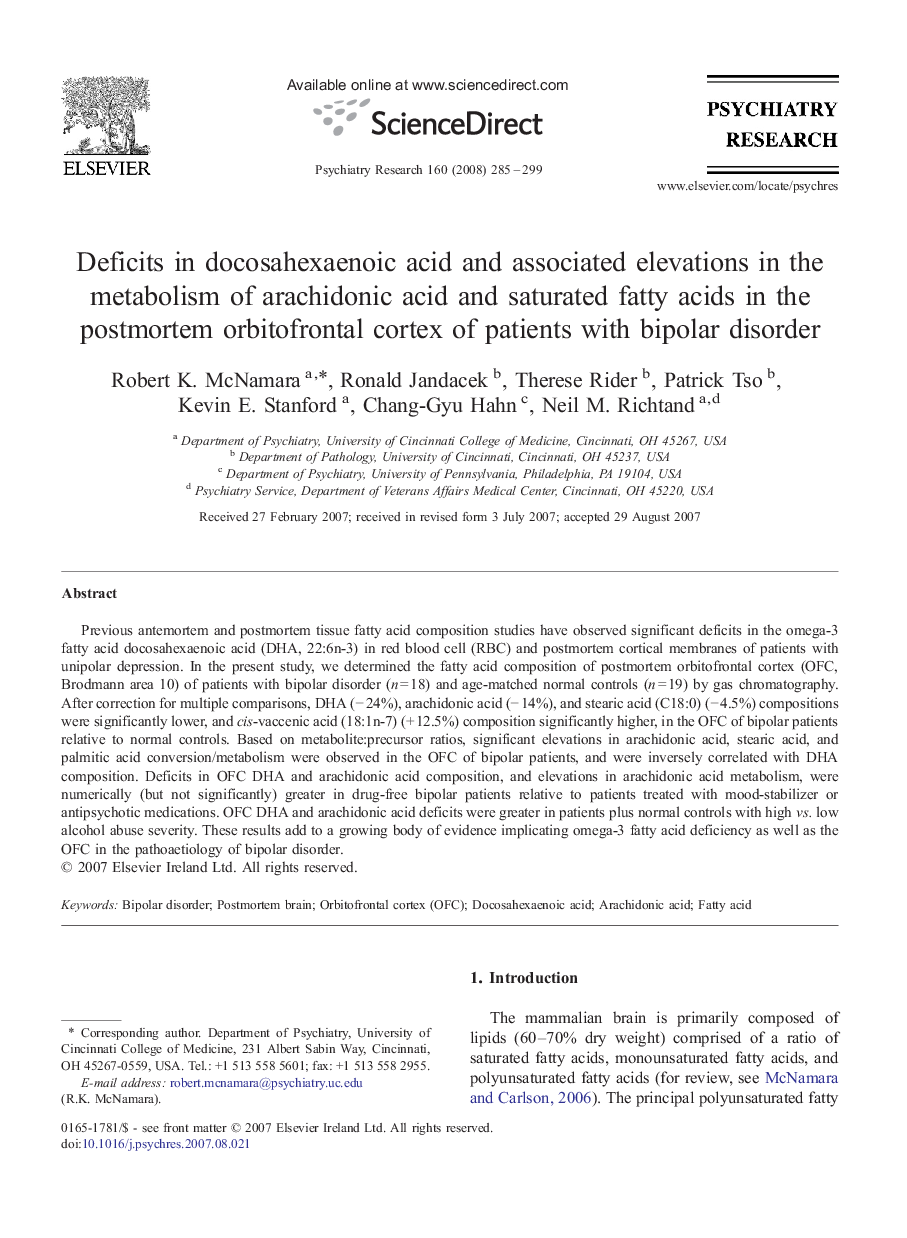 Deficits in docosahexaenoic acid and associated elevations in the metabolism of arachidonic acid and saturated fatty acids in the postmortem orbitofrontal cortex of patients with bipolar disorder