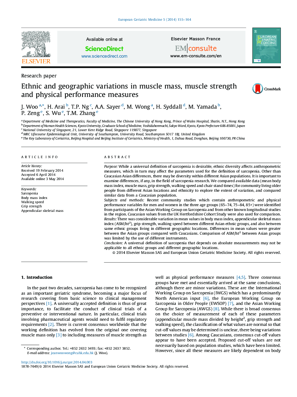 Ethnic and geographic variations in muscle mass, muscle strength and physical performance measures