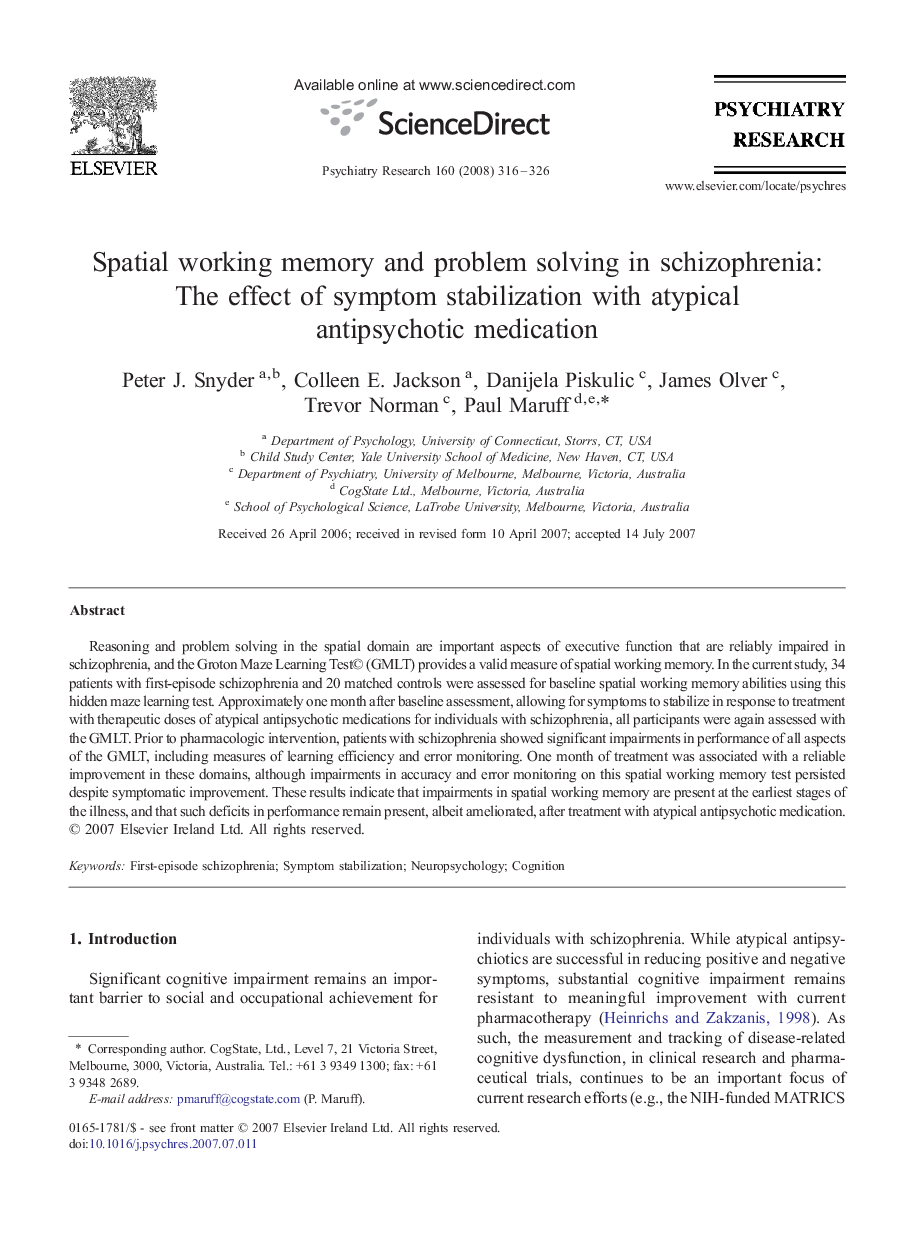 Spatial working memory and problem solving in schizophrenia: The effect of symptom stabilization with atypical antipsychotic medication