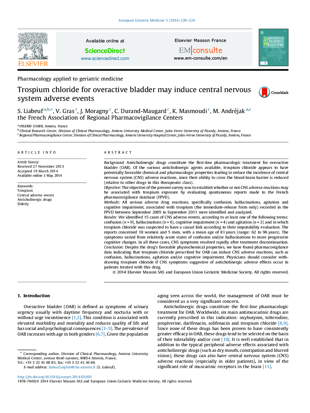 Trospium chloride for overactive bladder may induce central nervous system adverse events