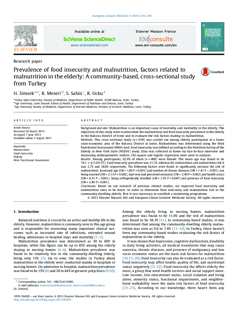 Prevalence of food insecurity and malnutrition, factors related to malnutrition in the elderly: A community-based, cross-sectional study from Turkey