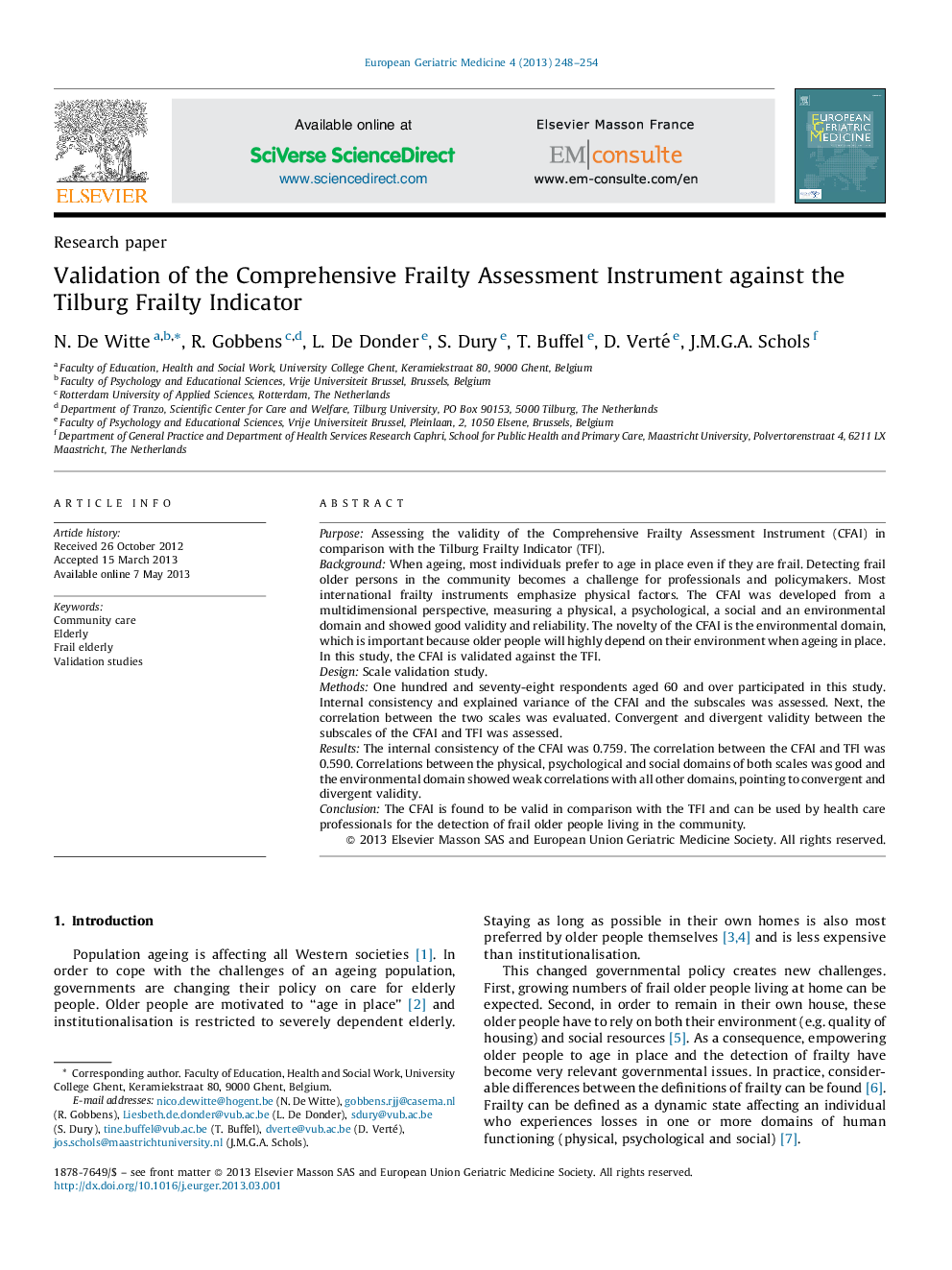 Validation of the Comprehensive Frailty Assessment Instrument against the Tilburg Frailty Indicator