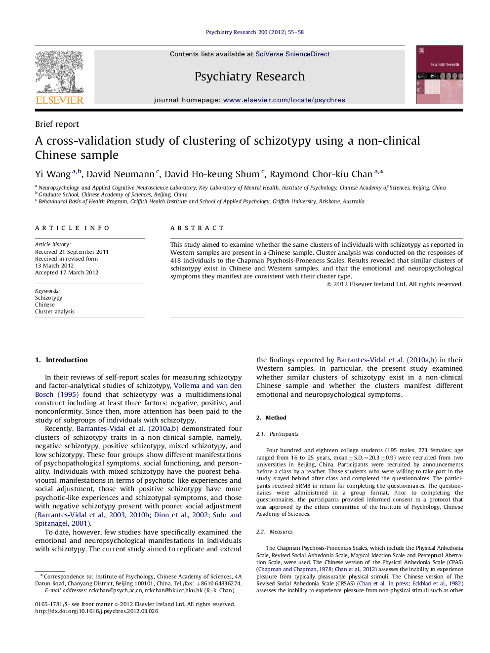 A cross-validation study of clustering of schizotypy using a non-clinical Chinese sample